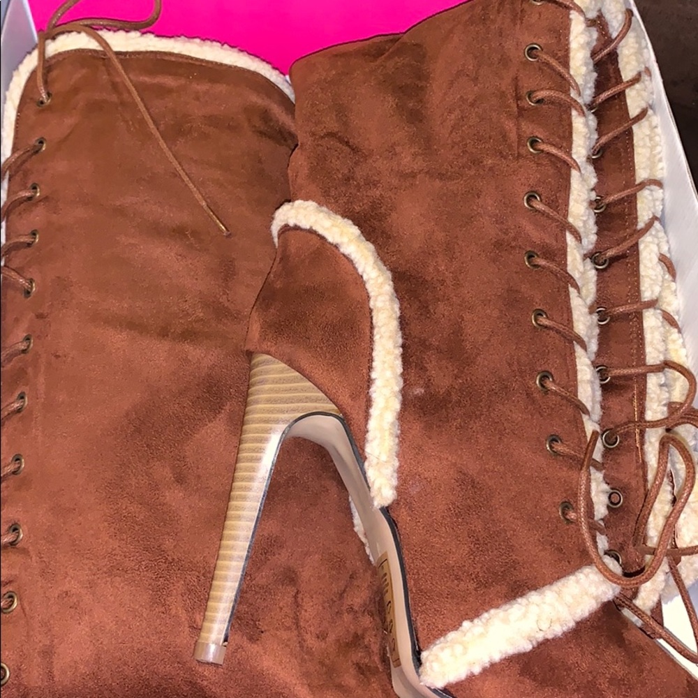 Cognac OTK boots. Faux-suede/ shearling. Size 8